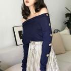 Plain Off-shoulder Buttoned Long-sleeve Top