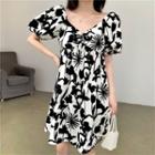 Short-sleeve Floral Print Mini A-line Dress Black Flowers - White - One Size