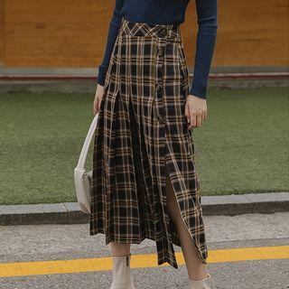 Slit-side Gingham Pleated Skirt