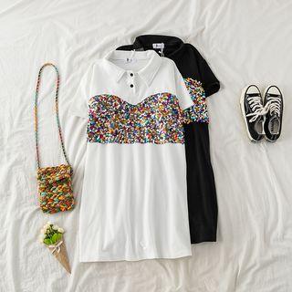 Rainbow Sequin Panel Short Sleeve Polo Dress
