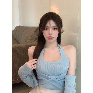 Halter-neck Ribbed Knit Top / Cardigan