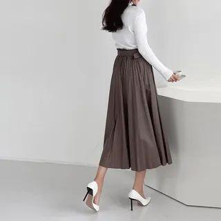Band-waist Pleated Faux-leather Skirt With Belt