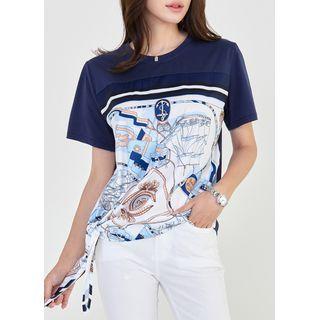 Knot-hem Scarf-print Panel T-shirt