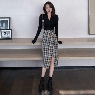 Set: Long-sleeve V-neck Top + Plaid Midi A-line Skirt