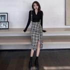 Set: Long-sleeve V-neck Top + Plaid Midi A-line Skirt