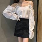 Long-sleeve Cold Shoulder Top / A-line Mini Skirt