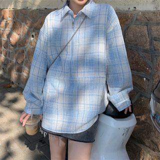 Long-sleeve Plaid Half-zip Top Blue & White - One Size