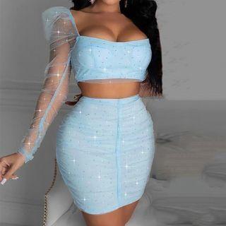 Set: Puff-sleeve Rhinestone Mesh Top + Pencil Skirt