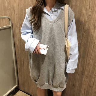 Plain Shirt / V-neck Pinafore Dress