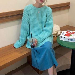 Long-sleeve Plain Cable Knit Sweater / High-waist Plain Skirt