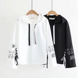 Cat Embroidered Lace-up Hoodie