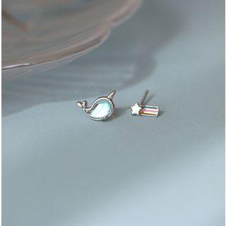 Non-matching 925 Sterling Silver Faux Crystal Whale & Star Earring 1 Pair - As Shown In Figure - One Size