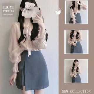 Tie-neck Blouse / Side-slit Mini Pencil Skirt