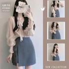 Tie-neck Blouse / Side-slit Mini Pencil Skirt