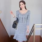 Plaid 3/4-sleeve Ruffle Hem Sheath Dress