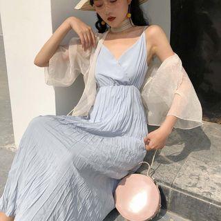 Spaghetti Strap Crinkle Midi Dress / 3/4-sleeve Light Jacket
