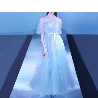 Elbow-sleeve Sheer Panel Evening Gown