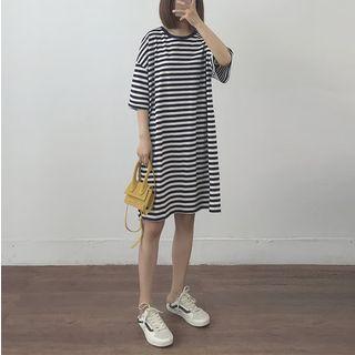 3/4-sleeve Striped T-shirt Dress Stripes - Navy Blue - One Size