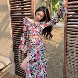 Long-sleeve Flower Print Cropped Top / High-waist Print Midi Skirt