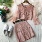Set: Long-sleeve Lace Top + A-line Mini Skirt