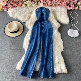 Denim Tube Wide Leg Jumpsuit