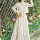 Set: Spaghetti-strap Floral Midi A-line Dress + Cardigan