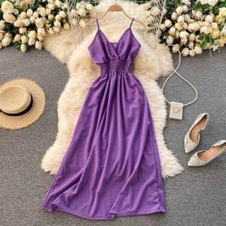 Spaghetti Strap Shirred Maxi A-line Dress