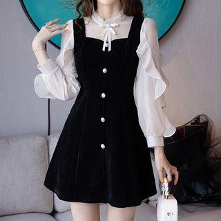 Long-sleeve Tie-neck Panel A-line Dress