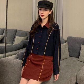 Contrast Trim Cropped Shirt / Mini A-line Skirt