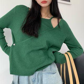 Mock Two Piece Off Shoulder Plain Knit Shirt