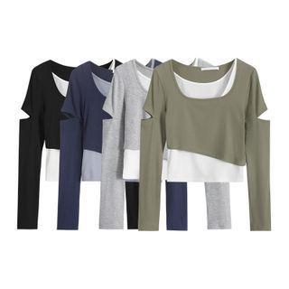 Mock Two-piece Long-sleeve Cutout Cropped T-shirt