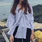 Bow Pinstripe Bell-sleeve Top