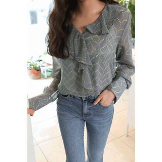 Ruffled V-neck Pattern Chiffon Blouse