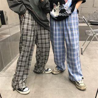 Drawstring Cuff Plaid Straight-cut Pants