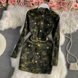 Camouflage Skinny Dress With Single Breasted