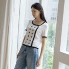 Round-neck Piped Buttoned Knit Top
