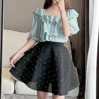 Embroidered Ruffle Trim Blouse / Rhinestone Mini A-line Skirt