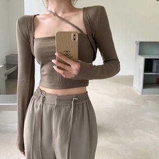 Long-sleeve Square-neck Crop Top / Wide-leg Pants