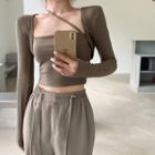 Long-sleeve Square-neck Crop Top / Wide-leg Pants