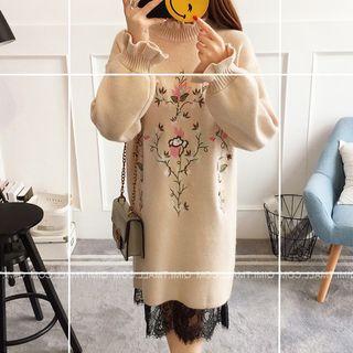 Flower Embroidered Long-sleeve Knit Dress