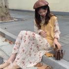 Floral Print Ruched Midi Dress / Plain Knit Vest / Set