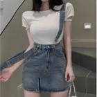 Short-sleeve T-shirt / Denim Mini Pencil Skirt With Suspender