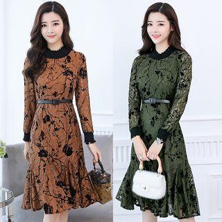 Long-sleeve Floral Print A-line Lace Dress