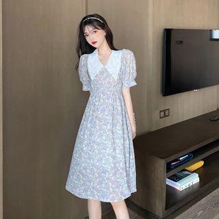 Collared Puff-sleeve Floral Print A-line Dress