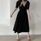Puff-sleeve Lace Collar Midi A-line Dress Black - One Size
