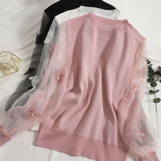 Puff-sleeve Butterfly Embroidered Knit Top