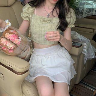 Puff-sleeve Plaid Top / Layered Mini A-line Skirt