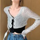 Set: Lace-up Cropped Cardigan + Camisole Top Black & White - One Size