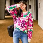 Flower Print Crew-neck Sweater As Shown In Figure - One Size
