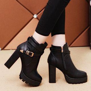 Buckled Chunky Heel Faux Leather Ankle Boots
